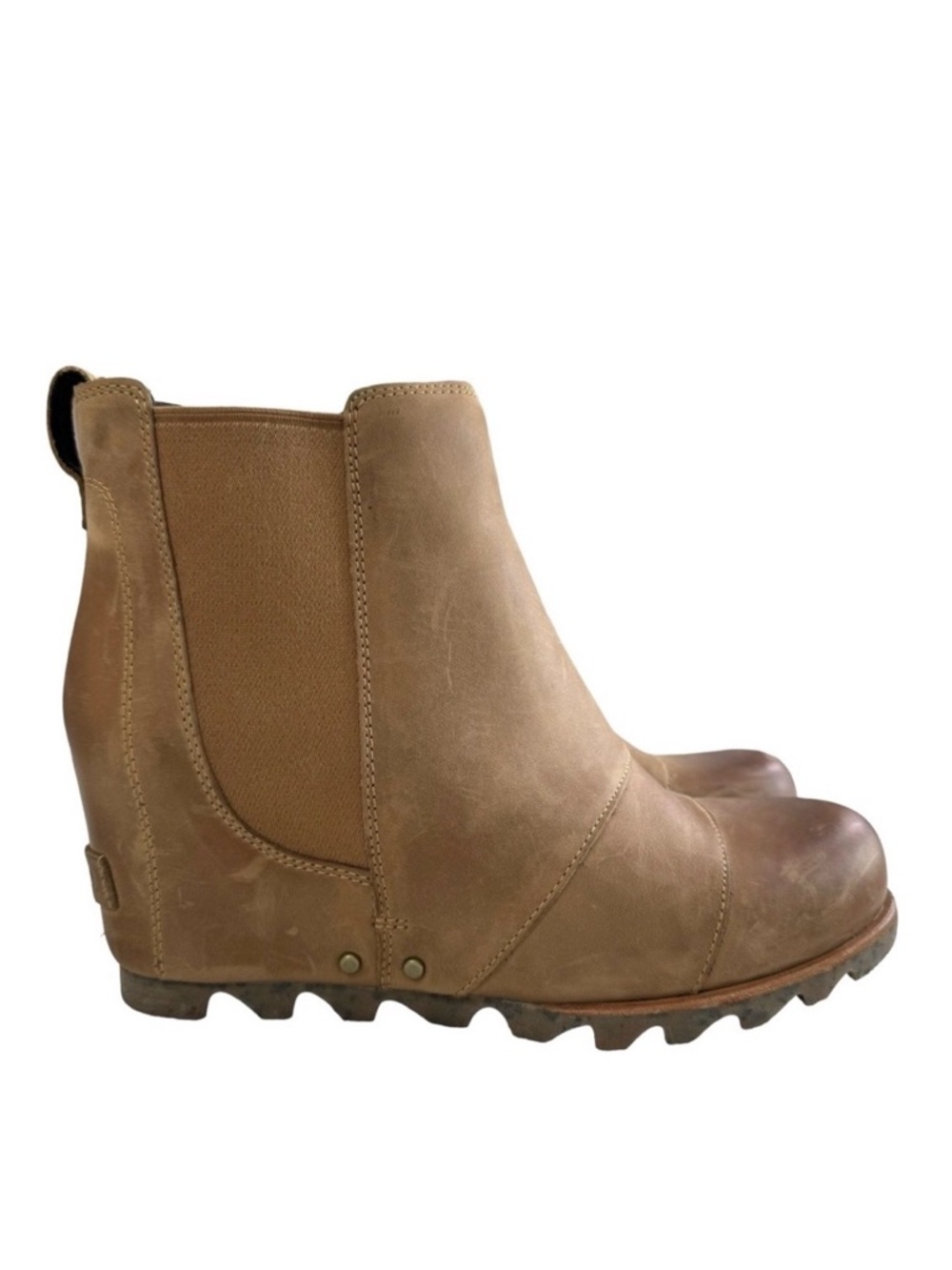 Sorel Leah Hidden Wedge Pull-On Tan Leather Ankle Booties Size 8